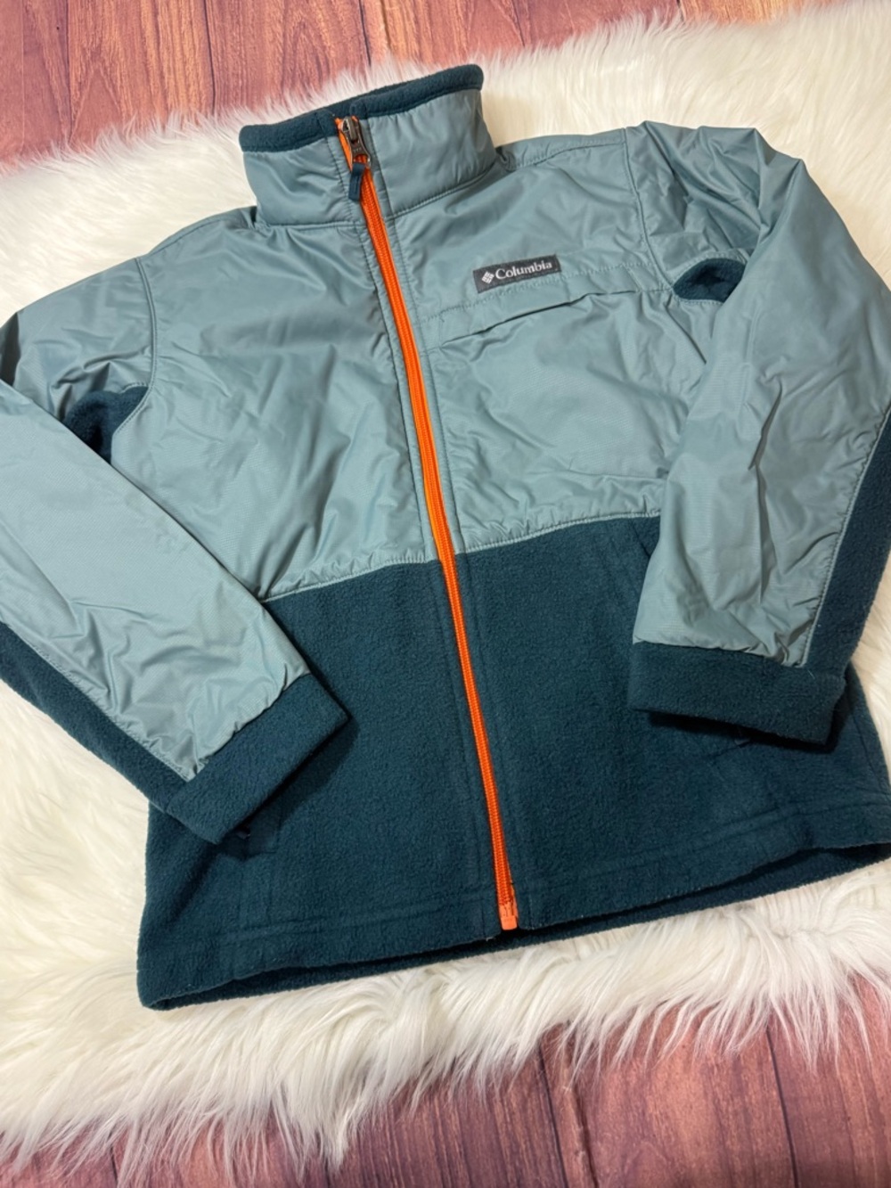 Columbia Full Zip Fleece Jacket in Gray, Blue, Orange - Boys Size Small (8)